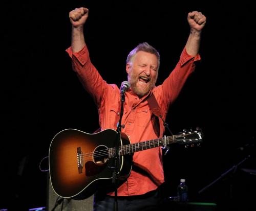 Billy Bragg performs onstage at the Garrick Center Wednesday night. As always Bragg expressed his activist leanings on many levels including here, his glee at the death of Margaret Thatcher. April 10, 2013 - (Phil Hossack - Winnipeg Free Press)