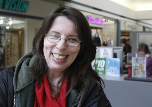 Cynthia Flynn by the kiosk in the Garden City Shopping Centre , she bought a 649 ticket and was  interviewed about the up coming $55 million Loto 649 draw this weekend. Intern Cindy Chan story .  (WAYNE GLOWACKI/WINNIPEG FREE PRESS) Winnipeg Free Press April 11 2013