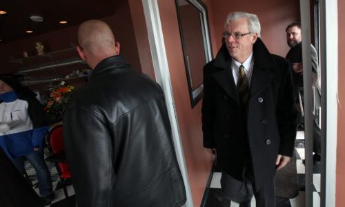 Premier Greg Selinger enters the Pots and Hands Restaurant  for lunch after a photo op at Hwy 75 and the Morris River in Morris Friday afternoon. See Randy Turner's story. April 12, 2013 - (Phil Hossack / Winnipeg Free Press)
