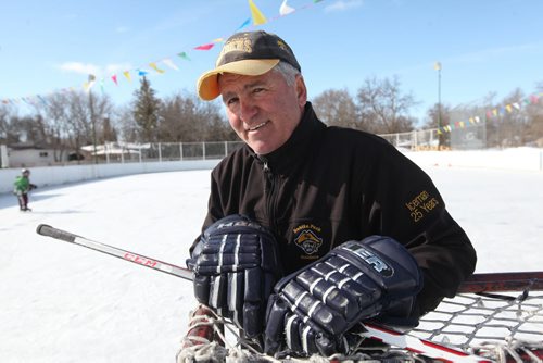 Roblin Park Community Club ice maker Marcy Beaucage, broke the record for the latest ever outdoor hockey rink in his lifetime of ice making Saturday when he iced the rink the night before and told members to come out for a game of "Shinny" Saturday. Photography Ruth Bonneville Ruth Bonneville /  Winnipeg Free Press)