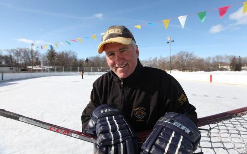 Roblin Park Community Club ice maker Marcy Beaucage, broke the record for the latest ever outdoor hockey rink in his lifetime of ice making Saturday when he iced the rink the night before and told members to come out for a game of "Shinny" Saturday. Photography Ruth Bonneville Ruth Bonneville /  Winnipeg Free Press)