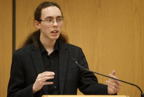 Shlomo Enkin Lewis, a student at Grant Park High School, participates in a debate against students from Saint John's-Ravenscourt during an open house at the Law Courts Building, Sunday, April 14, 2013. The sides were debating about whether the use of social media should be allowed for those under the age of 18, due to cyber-bullying. (TREVOR HAGAN/WINNIPEG FREE PRESS)