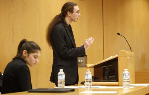 Grant Park High School students, Lana Tennenhouse and Shlomo Enkin Lewis, participating in a debate against students from Saint John's-Ravenscourt during an open house at the Law Courts Building, Sunday, April 14, 2013. The sides were debating about whether the use of social media should be allowed for those under the age of 18, due to cyber-bullying. (TREVOR HAGAN/WINNIPEG FREE PRESS)