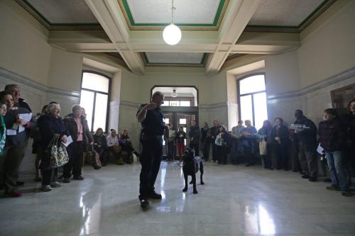 Dwight Levineway, a detector dog handler, and Rex, a drug detection dog, put on a demonstration for a group of people attending an open house at the Law Courts Building, Sunday, April 14, 2013.  (TREVOR HAGAN/WINNIPEG FREE PRESS)