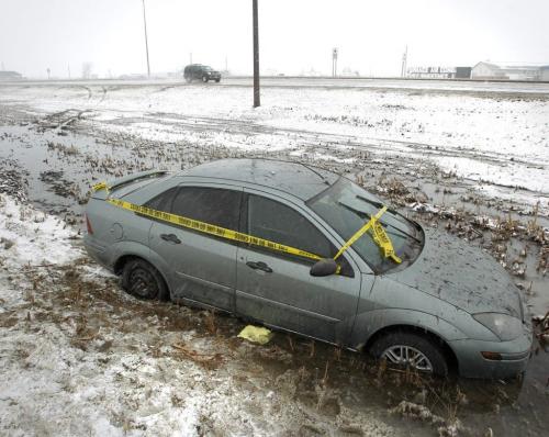 A car hit the ditch along Fermor Ave. just outside the city limits Monday morning. The over night snowfall created slippery driving conditions east and south of the the city. Wayne Glowacki/Winnipeg Free Press April 15 2013