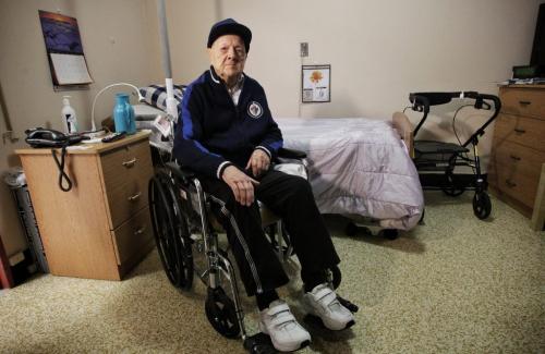 93-year-old Ernest Chenier in his room at the Golden Door Nursing Home was dumped out of his whellechair last week by a careless Handi-Transit driver. Fortunately, he only suffered cuts and bruises. He was patched up by the nurse at his personal care home. The WWII vet and his family are wondering why Handi-Transit hasnÄôt responded to their complaint or called to see how heÄôs doing. 130416 April 16, 2013 Mike Deal / Winnipeg Free Press