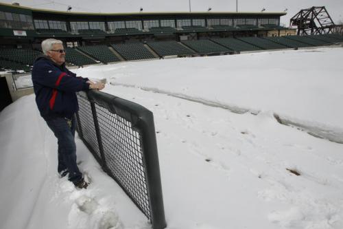 Sports. Don Ferguson, Facility and Grounds Manager in the players dugout in Shaw Park Tuesday. Melissa Martin story on how snow impacts the Goldeyes at Shaw Park (WAYNE GLOWACKI/WINNIPEG FREE PRESS) Winnipeg Free Press April 16 2013