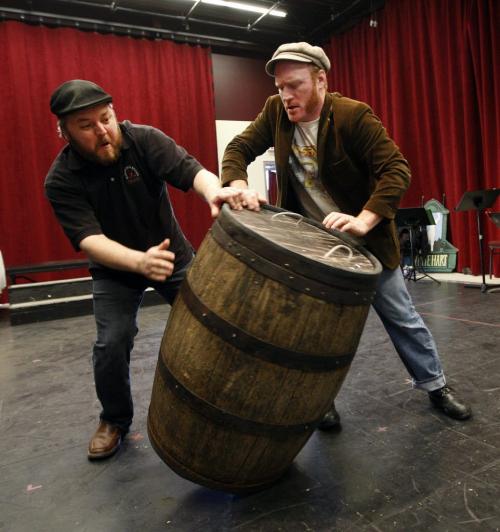 Bloodless: The Trail of Burke and Hare , April 24- May 4 playing at Cercle Moliere Äì left rolling barrel wit body - Cory Wojcik  playing Hare  with Carson Natrass  playing Burke - for   Kevin Prokosh story  KEN GIGLIOTTI / April . 18 2013 / WINNIPEG FREE PRESS