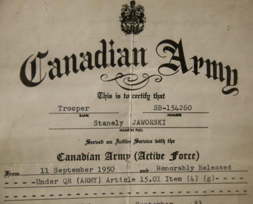 Korean veteran Stan Jaworski's discharge certificate. Originally from Brandon, MB, Jaworski will travel to Korea on April 20th, to participate in ceremonies with Korean government. 130419 - Friday, April 19, 2013 - (Melissa Tait / Winnipeg Free Press)
