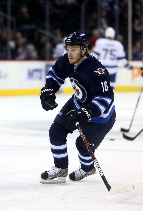 Winnipeg Jets' Bryan Little (18) during warmup prior to facing off against the Tampa Bay Lightnings' at MTS Centre in Winnipeg, Tuesday, April 16, 2013. (TREVOR HAGAN/WINNIPEG FREE PRESS)