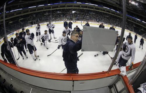 Winnipeg Jets' head coach Claude Noel leads practice at MTS Centre in Winnipeg in front of about 3000 fans from the ticket waiting list who were invited to a special open practice, Sunday, April 14, 2013. (TREVOR HAGAN/WINNIPEG FREE PRESS)