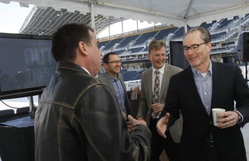 From left, Ian Low, Executive¤ Vice President, LiveNation Canada, Kevin Donnelly, Senior Vice President, True North Sports & Entertainment, Garth Buchko, President and Chief Executive Officer, Winnipeg Blue Bombers, and Jim Ludlow, pres and CEO of True North Sports and Entertainment after the Paul McCartney concert announcement in the Investors Group Field  for Aug. 12 . Wayne Glowacki/Winnipeg Free Press April 22 2013