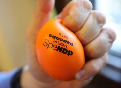 Progressive Conservative Party of Manitoba handed out these stress balls to reporters following question period at the Manitoba Legislature Monday afternoon.See Bruce Owen and Larry Kusch stories- April 22, 2013   (JOE BRYKSA / WINNIPEG FREE PRESS)