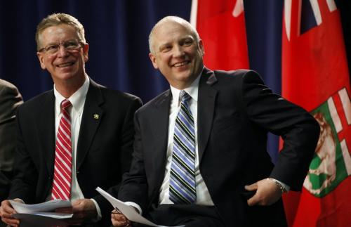 (right) Kevin Bartelson, general manager, Boeing Winnipeg- and left Ross Bogue VP and GM of Boeing Fabrication  Wpg  Boeing Canada Winnipeg celebrates new 22% site expansion, the building will be expanded  to 14,000 sq.m. To make the one- piece composite  acoustic inner engine barrel for the new Boeing 737 Max . This quiet engine technology will reduce engine noise by 40% Ä®Boeing Winnipeg will announce the creation of more capacity at its Murray Park facility to support production of the new 737 MAX. During the event, Boeing will unveil the new 737 MAX product that Boeing Winnipeg employees will build in addition to a rendering of the expanded facility . KEN GIGLIOTTI  / APRIL 23 / WINNIPEG FREE PRESS