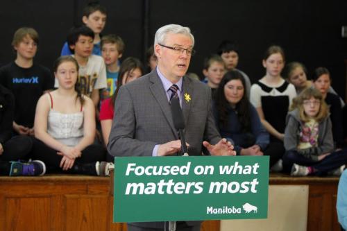 Greg Selinger at Queenston School announces major grant that allows school to expand its new gym well beyond elementary school-sized gym. April 23, 2013  BORIS MINKEVICH / WINNIPEG FREE PRESS