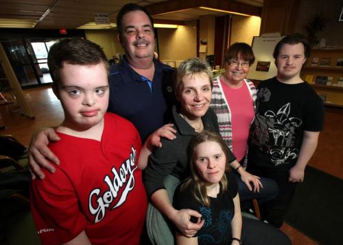 Philanthropy. Left to right, Ken Hodges and his son Brayden, Pam Friesen and her daughter Stacy, Val SUrby and her son Timothy. See Kevin Rollason's story April 23, 2013 - Phil Hossack / Winnipeg Free Press)