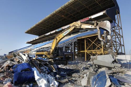April 23, 2013 - 130423  -  A demolition crew works on taking down the east side stand at Canad Inns Stadium Tuesday, April 23, 2013. John Woods / Winnipeg Free Press