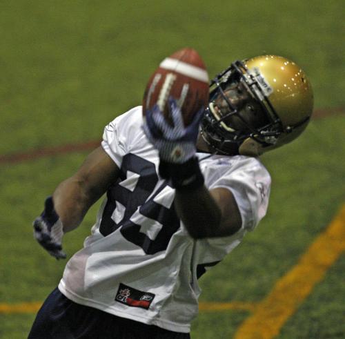 Stdup - Blue Bomber mini camp #89 Clarence Denmark makes one handed catch during drill  at  Wpg Indoor Soccer Complex at UofM . KEN GIGLIOTTI / April . 25 2013 / WINNIPEG FREE PRESS