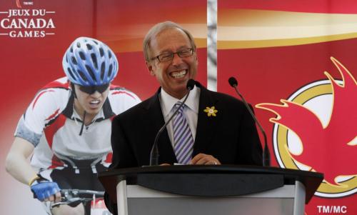 Mayor Sam Katz celebrates  games at announcment - 2017 Canada Games goes to Winnipeg , announced  at Forks Friday, and the celebrations has started with school kids and Dancin Gabe having fun after the  announcement KEN GIGLIOTTI / April . 26 2013 / WINNIPEG FREE PRESS