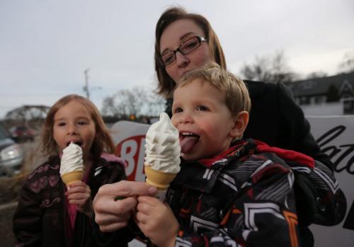 Madelin Lernout, 4 and Flynn Lernout, 2, enjoying some ice cream with their mom, Ashleigh, at the BDI, Friday, April 26, 2013. (TREVOR HAGAN/WINNIPEG FREE PRESS)