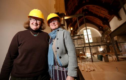 Rev. Cathy Campbell and Angie Jantz (right) inside St.Matthews Anglican Church, which is being renovated to allow for 26 apartments inside, Friday, April 26, 2013. (TREVOR HAGAN/WINNIPEG FREE PRESS)