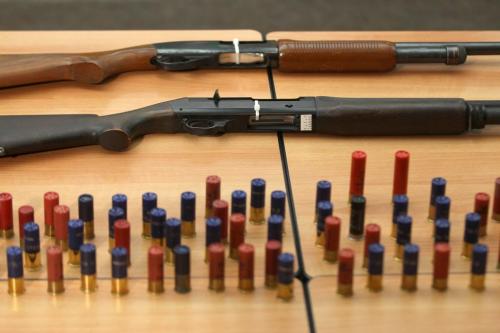 Winnipeg police displayed two replica shotguns that were similar to the ones seized during project Recall A WPS Street crime united initiated that focused on the Mad Cow street gang- See Bartley Kives story- April 29, 2012   (JOE BRYKSA / WINNIPEG FREE PRESS)