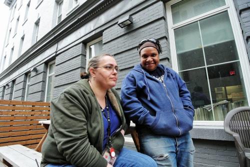 Tara May (left) and Pat Aylesworth (left) are the Tenant Support Workers at the Bell Hotel that found the dog Sophie running loose in the alley where they were taking a break.  130429 April 29, 2013 Mike Deal / Winnipeg Free Press