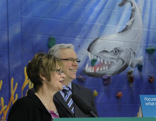 Premier Greg Selinger and Education Minister Nancy Allan at the announcement in the Bairdmore Elementary School Tuesday by the Bairdmore Barracuda  that they plan to build a new school for 600 students offering English and French Immersion to be built in the South Pointe area of Waverley West. see release  (WAYNE GLOWACKI/WINNIPEG FREE PRESS) Winnipeg Free Press April 30 2013
