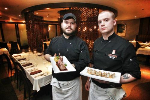 The Lobby on York restaurant at 295 York Ave.  (L-r) Ryan Morton, sous chef, holds the Lamb Duo and Jesse Friesen, head chef, holding the Pulled Duck Quesadilla. 130501 May 01, 2013 Mike Deal / Winnipeg Free Press