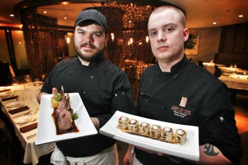The Lobby on York restaurant at 295 York Ave.  (L-r) Ryan Morton, sous chef, holds the Lamb Duo and Jesse Friesen, head chef, holding the Pulled Duck Quesadilla. 130501 May 01, 2013 Mike Deal / Winnipeg Free Press