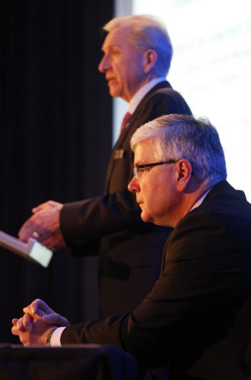 Winnipeg Airports Authority  annual meeting at the Fairmont Wpg Äì (foreground) Garth Smorang  Chair of Board of Directors , (background) Barry Rempel  President & CEO , ( martin cash story ) KEN GIGLIOTTI / May 1  2013 / WINNIPEG FREE PRESS