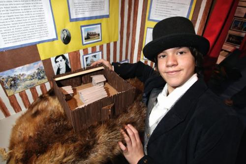 Nova Martin a grade six student from Ecole La V¾©rendre school at his display for a project on the history of Fort Gibraltar while at the Red River Heritage Fair. He is wearing a costume that resembles what the Fort manager might have worn.  130502 May 02, 2013 Mike Deal / Winnipeg Free Press
