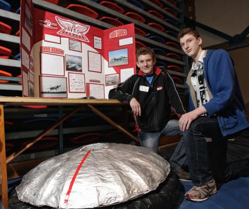 (L-r) Luke Thiessen and Brandon Dyck grade nine students from Mennonite Brethren Collegiate Institute at their display about Avro Canada during the Red River Heritage Fair at the University of Winnipeg on Thursday. 130502 May 02, 2013 Mike Deal / Winnipeg Free Press