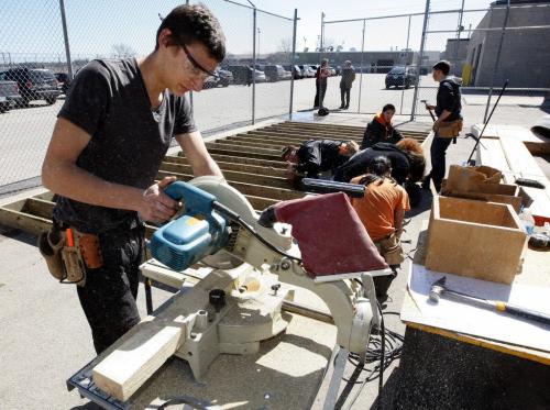 Frank Volovich Gr. 11 in Carpentry Arts class , builsding a playhouse - Vocational training shops at  Kildonan East Collegiate Äì nick martin story continuing story  trades training and apprenticeships  in high schools- KEN GIGLIOTTI / May 3  2013 / WINNIPEG FREE PRESS