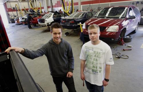 LtoR  Matt Cassie and Tyler Heintz  in fully equiped auto body and mechanical repair shop - Auto Tech course - Vocational training shops at  Kildonan East Collegiate Äì nick martin story continuing story  trades training and apprenticeships  in high schools- KEN GIGLIOTTI / May 3  2013 / WINNIPEG FREE PRESS