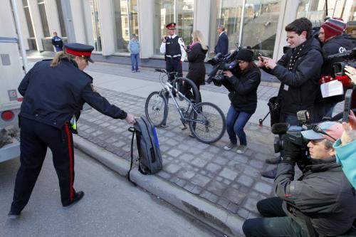 A suspicious bag that was left in Winnipeg Square was removed by police. Police had a press conference after to tell that all is ok. May 2, 2013  BORIS MINKEVICH / WINNIPEG FREE PRESS