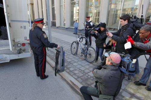 A suspicious bag that was left in Winnipeg Square was removed by police. Police had a press conference after to tell that all is ok. May 2, 2013  BORIS MINKEVICH / WINNIPEG FREE PRESS