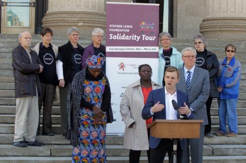 Event on the steps of the leg. African AIDS tour. Joe Cressy speaks, Netty Musanhu', Wairimu Mungai, and Greg Selinger. May 3, 2013  BORIS MINKEVICH / WINNIPEG FREE PRESS