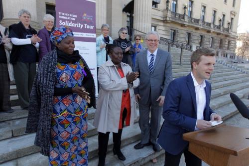 Event on the steps of the leg. African AIDS tour. Joe Cressy speaks, Netty Musanhu', Wairimu Mungai, and Greg Selinger. May 3, 2013  BORIS MINKEVICH / WINNIPEG FREE PRESS