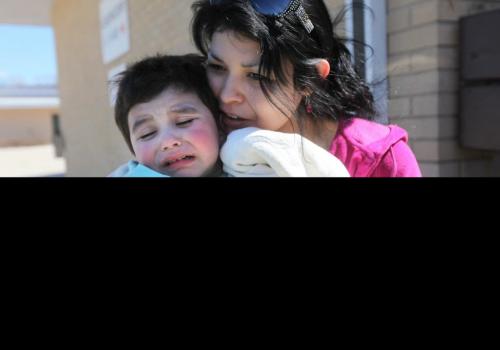 Savannah Malyon embraces her 3 year old son Nathaniel as they walk out of the Portage Hospital Saturday afternoon after Nathaniel's escape from his home in Sidney Manitoba Friday night.  Nathanial Dailey  snuck out of his home around 10:30pm Friday night and was found playing in a ditch near number one highway Saturday morning. He was transferred with his mom from Portage hospital to the Children's Hospital in Wpg. Saturday afternoon  for further assesment.   See story for details.  Photography Ruth Bonneville Ruth Bonneville /  Winnipeg Free Press)