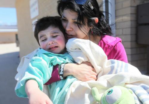 Savannah Malyon embraces her 3 year old son Nathaniel as they walk out of the Portage Hospital Saturday afternoon after Nathaniel's escape from his home in Sidney Manitoba Friday night.  Nathanial Dailey  snuck out of his home around 10:30pm Friday night and was found playing in a ditch near number one highway Saturday morning. He was transferred with his mom from Portage hospital to the Children's Hospital in Wpg. Saturday afternoon  for further assessment.   See story for details.  Photography Ruth Bonneville Ruth Bonneville /  Winnipeg Free Press)
