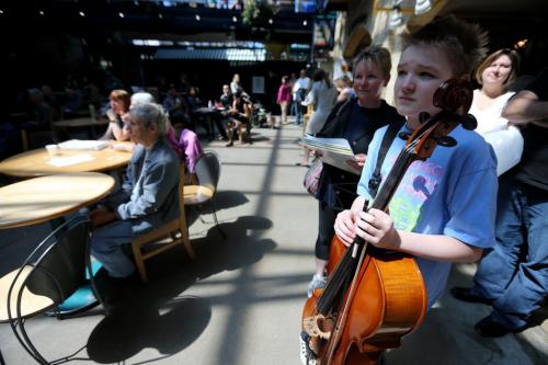 Joshua Orriss, 13, a cello player who has been playing for 6 years, waiting to audition for his second busking pass at The Forks, Saturday, May 4, 2013. (TREVOR HAGAN/WINNIPEG FREE PRESS)