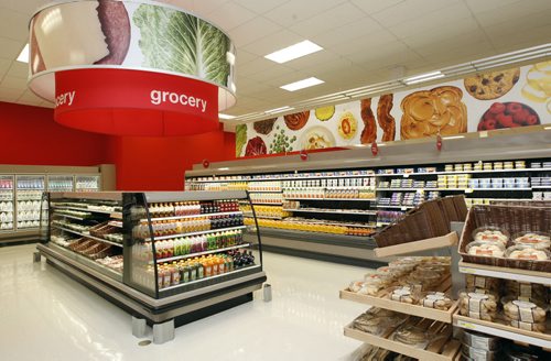 features  a grocery store - Target store Canadian Senior VP of External Relations  Derek Jenkins ( in some pics)takes media on tour of the new Kildonan Place Target in preparation for Tuesday's 8am soft opening  of the 129,000 sq ft store ( 75,000 sq ft sales floor) KEN GIGLIOTTI / May 6  2013 / WINNIPEG FREE PRESS