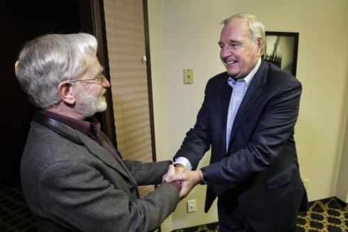Former Prime Minister Paul Martin greets Gerald Farthing the Deputy of Manotoba Education prior to a private dinner in Russell, Manitoba. Mr. Martin is in Russell, Manitoba this week announcing that he is bringing his national program on aboriginal education to Major Pratt School in Russell. 130507 May 07, 2013 Mike Deal / Winnipeg Free Press
