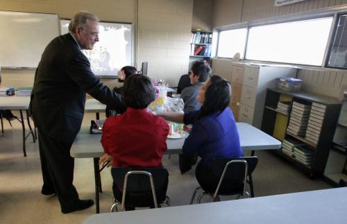Former Prime Minister Paul Martin greets the students in the Martin Aboriginal Education Initiative class in Major Pratt School in Russell, Manitoba.  130508 May 08, 2013 Mike Deal / Winnipeg Free Press