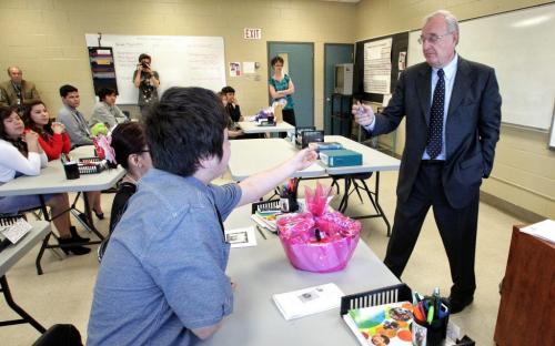 Former Prime Minister Paul Martin talks to the students in the Martin Aboriginal Education Initiative class in Major Pratt School in Russell, Manitoba.  130508 May 08, 2013 Mike Deal / Winnipeg Free Press
