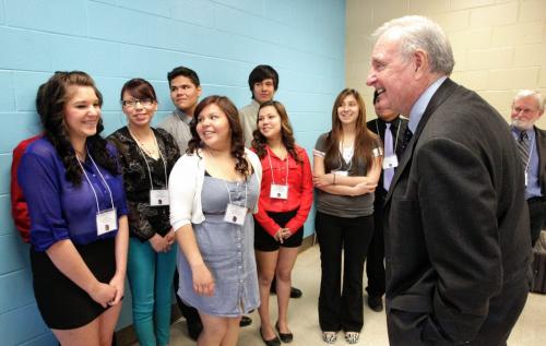 Former Prime Minister Paul Martin talks to the students in the Martin Aboriginal Education Initiative class in Major Pratt School in Russell, Manitoba.  130508 May 08, 2013 Mike Deal / Winnipeg Free Press