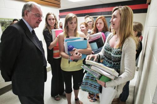Former Prime Minister Paul Martin chats with students in the halls of Major Pratt School in Russell, Manitoba.  130508 May 08, 2013 Mike Deal / Winnipeg Free Press