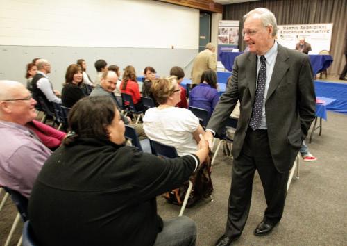 Former Prime Minister Paul Martin greets members of the community during a presentation at Major Pratt School in Russell, Manitoba.  130508 May 08, 2013 Mike Deal / Winnipeg Free Press