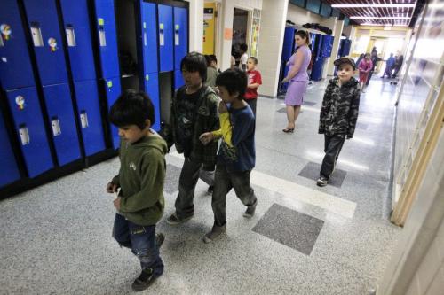 Children go to class after recess at Waywayseecappo School.  130508 May 08, 2013 Mike Deal / Winnipeg Free Press